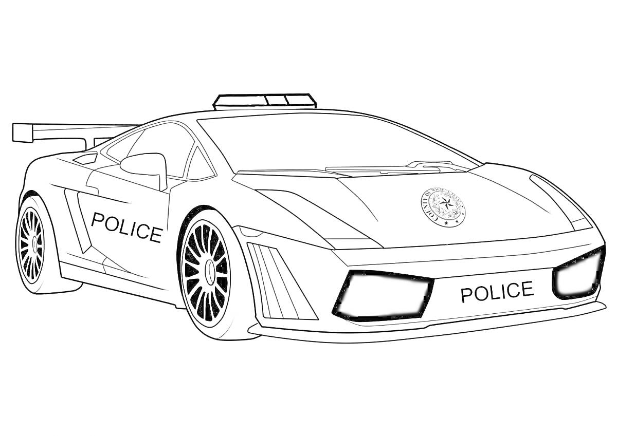 На раскраске изображено: Полицейская машина, Спорткар, Колёса, Полиция, Крутая машина