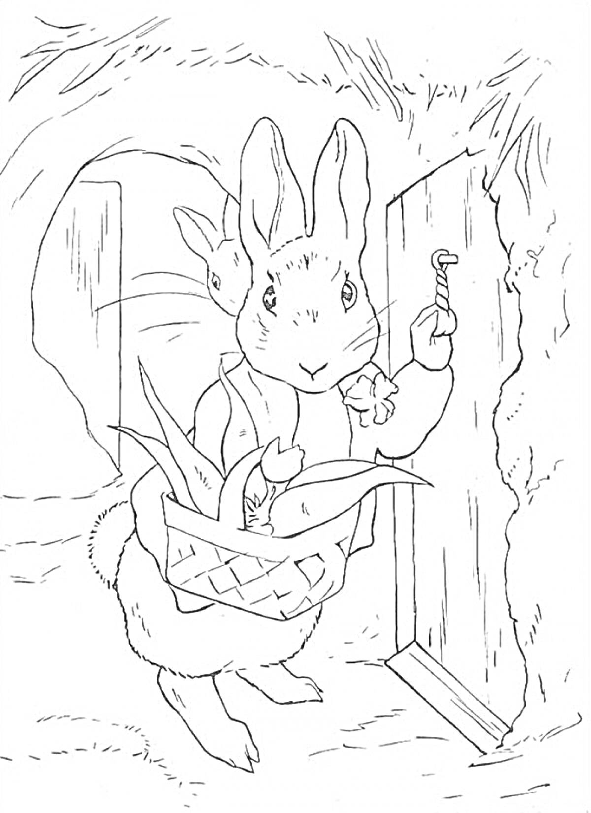 Раскраска Кролик Питер с корзиной овощей открывает дверь в нору