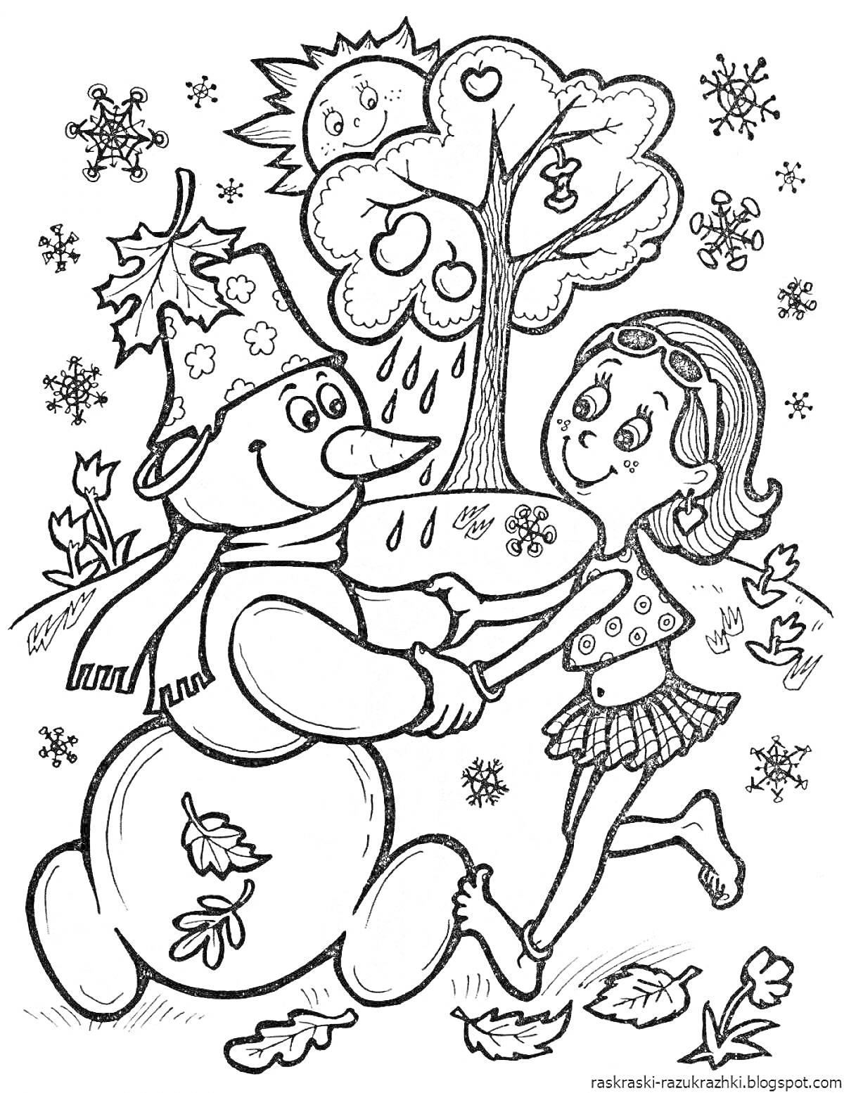 Раскраска Девочка и снеговик танцуют на фоне дерева с символами времён года (солнце, тучи, снежинки, капли дождя и листья)