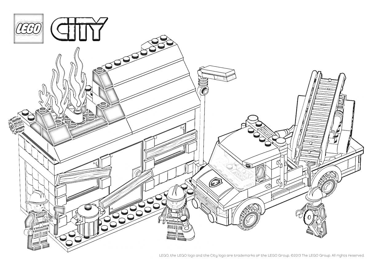 Раскраска Лего Сити: горящее здание с пожарной машиной и спасателями
