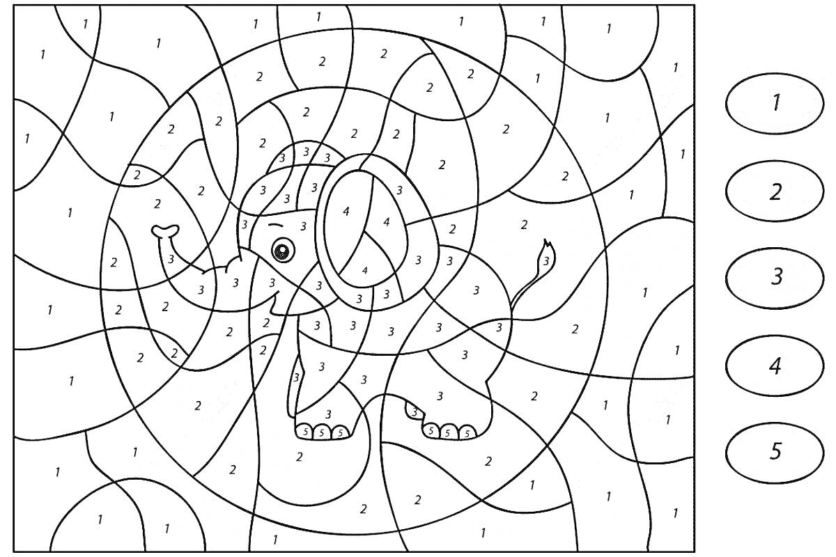 На раскраске изображено: Слон, Животные, Абстрактные формы, Цифры