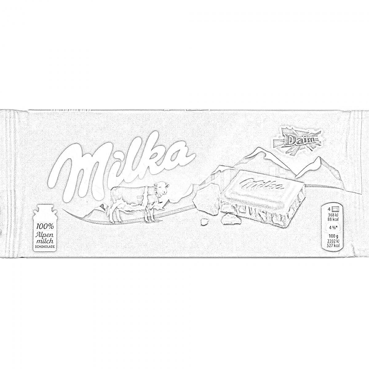 Раскраска Шоколад Milka с изображением гор, коровы, плитки шоколада и логотипа 