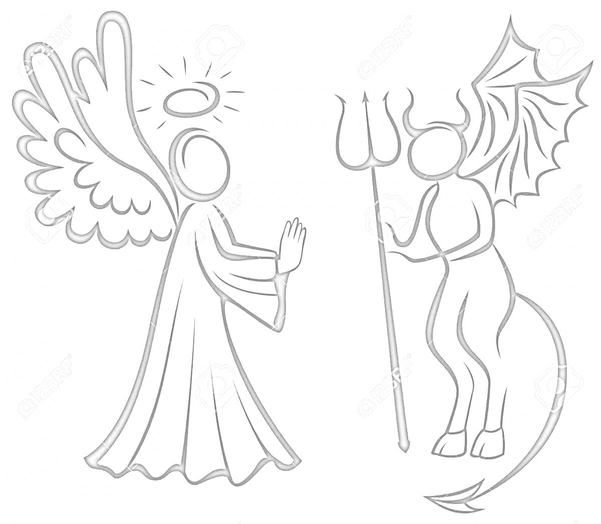 Раскраска Ангел с нимбом и крыльями и демон с трезубцем и рогами