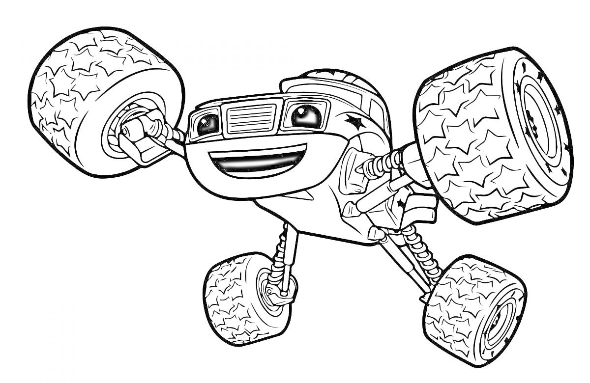 Раскраска Монстр-трак с улыбающимся лицом и большими колесами