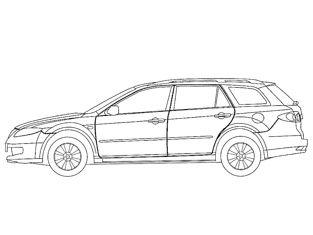 Контурное изображение автомобиля Mazda с боковой стороны, включающее колеса, двери, окна и зеркала заднего вида