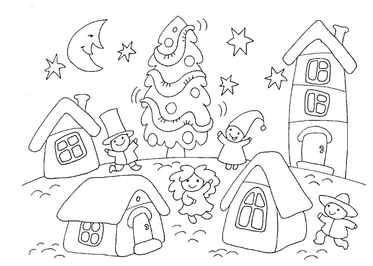 На раскраске изображено: Новый год, Зима, Снег, Деревня, Ночь, Звезды, Месяц, Для детей, Дом, Елки, Праздники