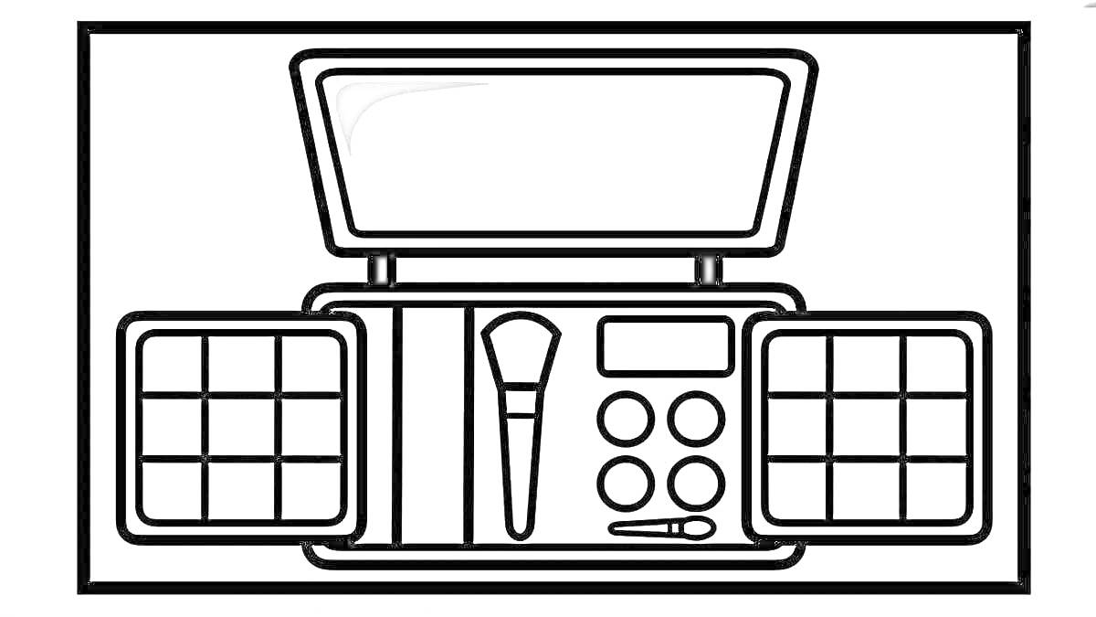 На раскраске изображено: Палетка теней, Макияж, Зеркало, Аппликатор, Косметика
