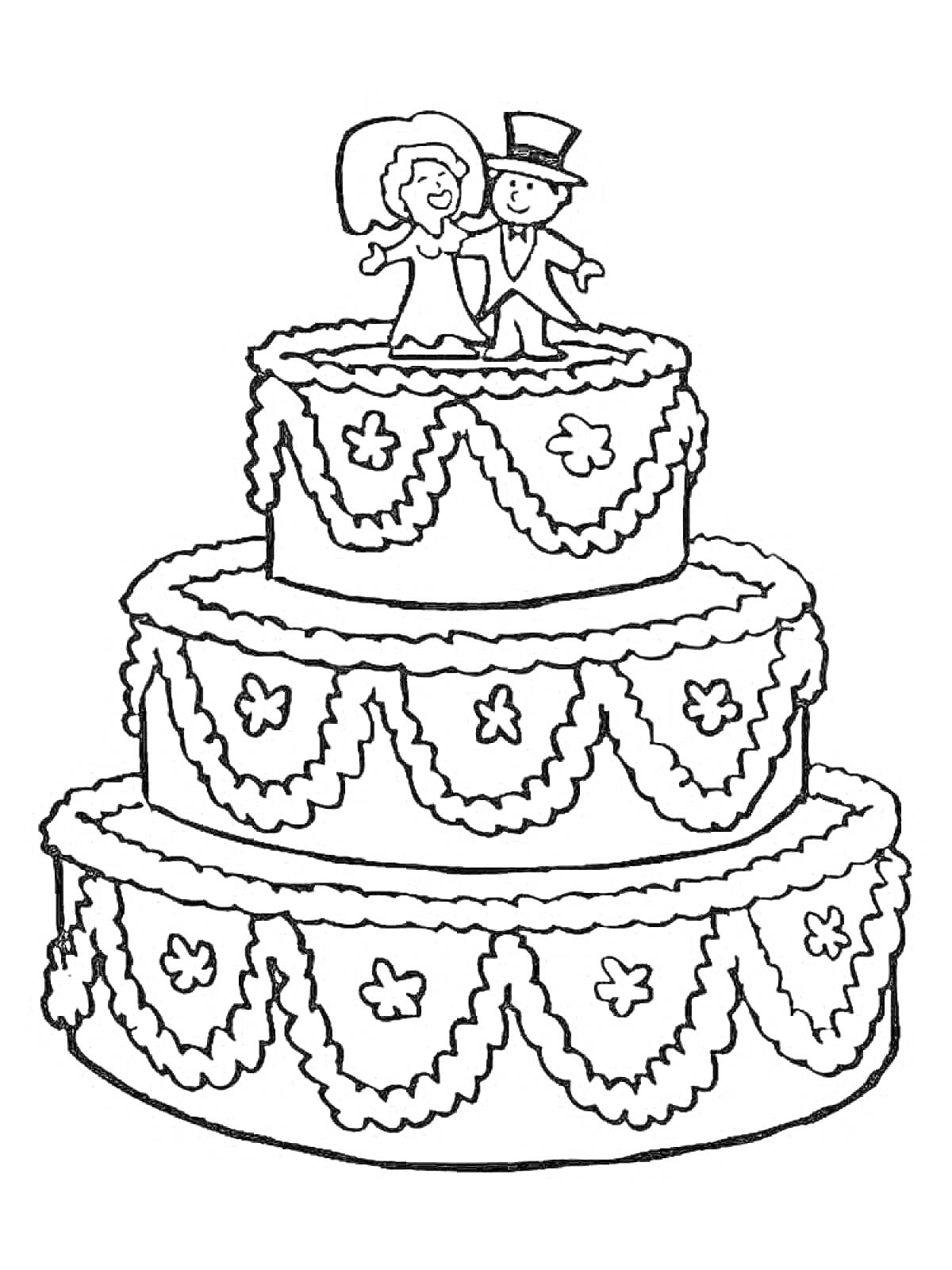 На раскраске изображено: Свадебный торт, Трехъярусный торт, Свадьба