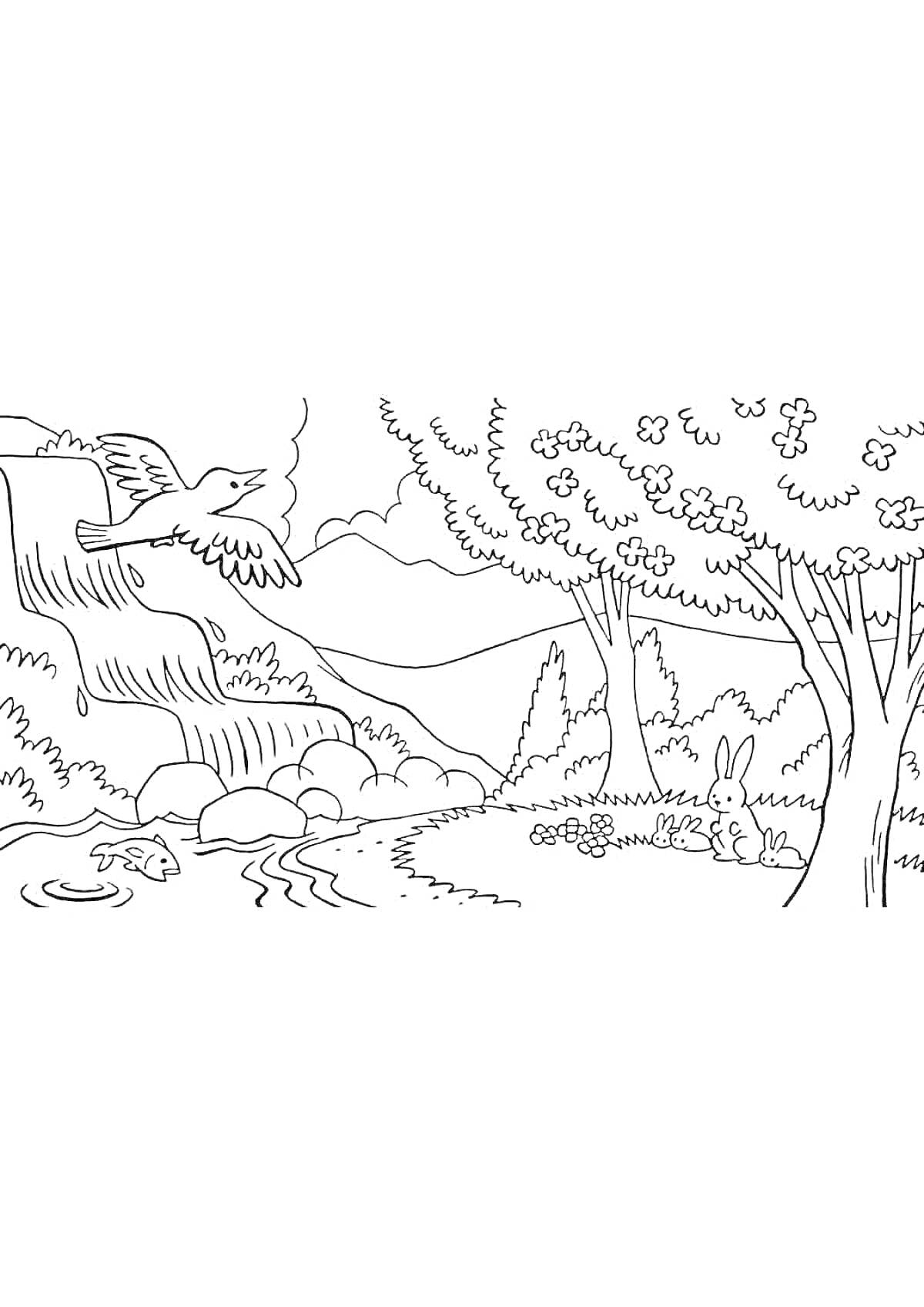 Раскраска Пейзаж с водопадом, птицей, деревьями, камнями, кроликами и рекой