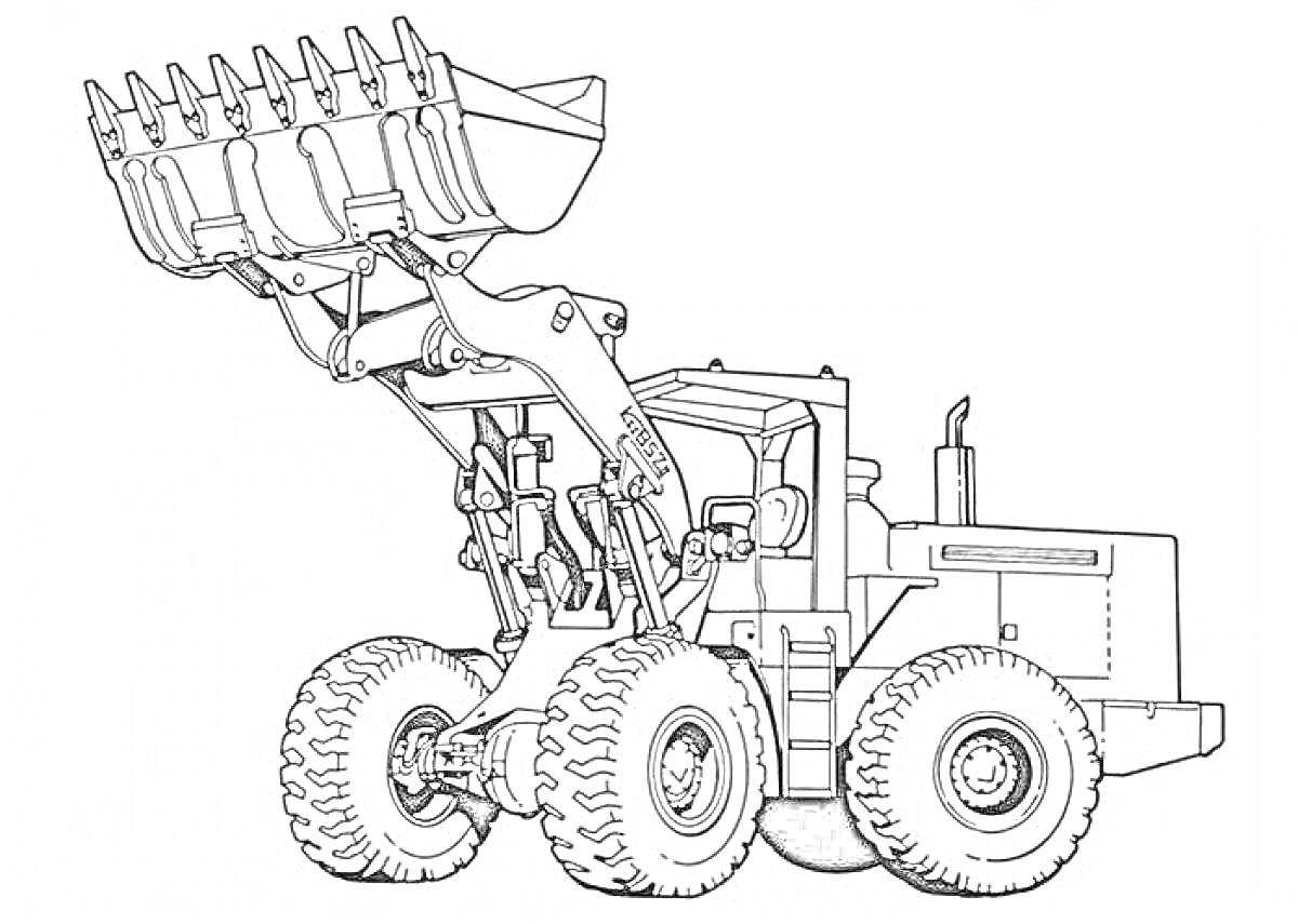 Раскраска Грейдер с большим ковшом и четырьмя большими колёсами