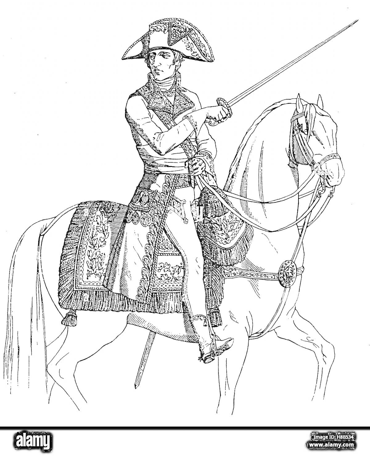 На раскраске изображено: Конь, Сабля, Мундир, Треуголка, Историческая фигура, Война, Солдат