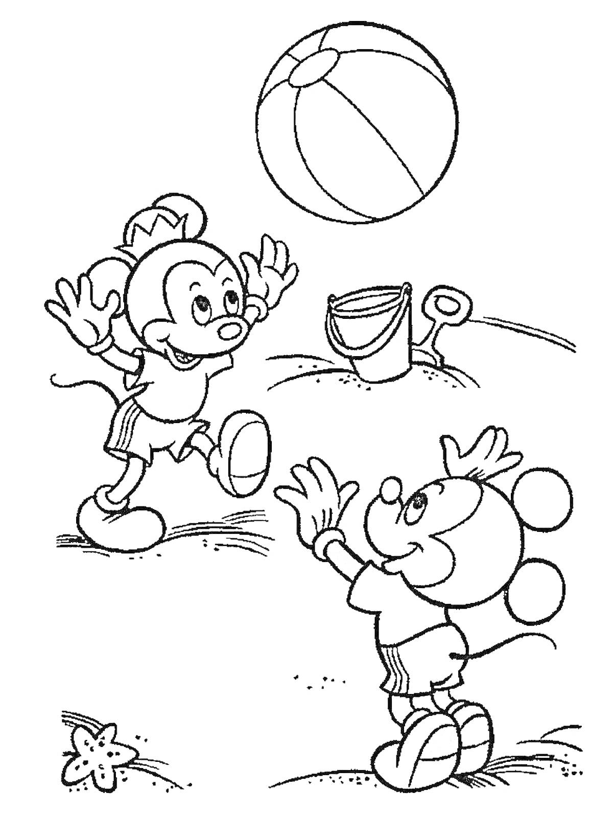 РаскраскаДве мышки, играющие с пляжным мячом на пляже, рядом ведро и лопатка