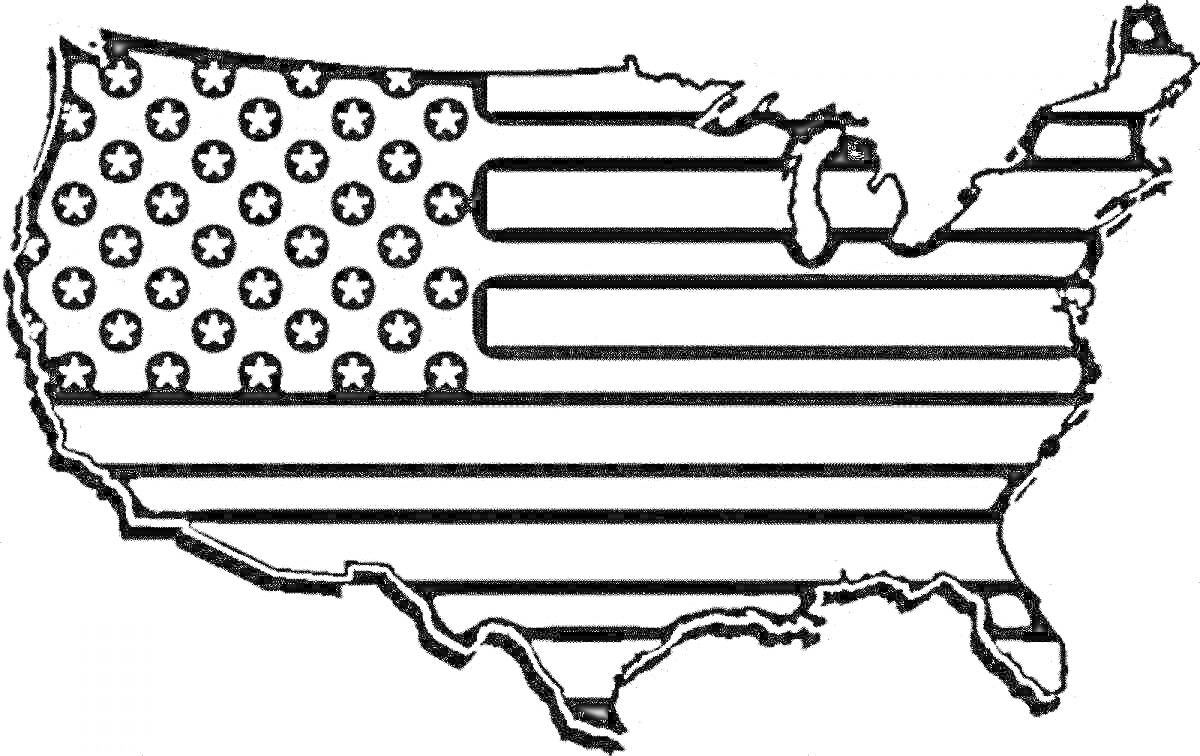 На раскраске изображено: США, Контур карты, Флаг США, Звезды, Полосы, Патриотизм, География, Америка, Американский флаг