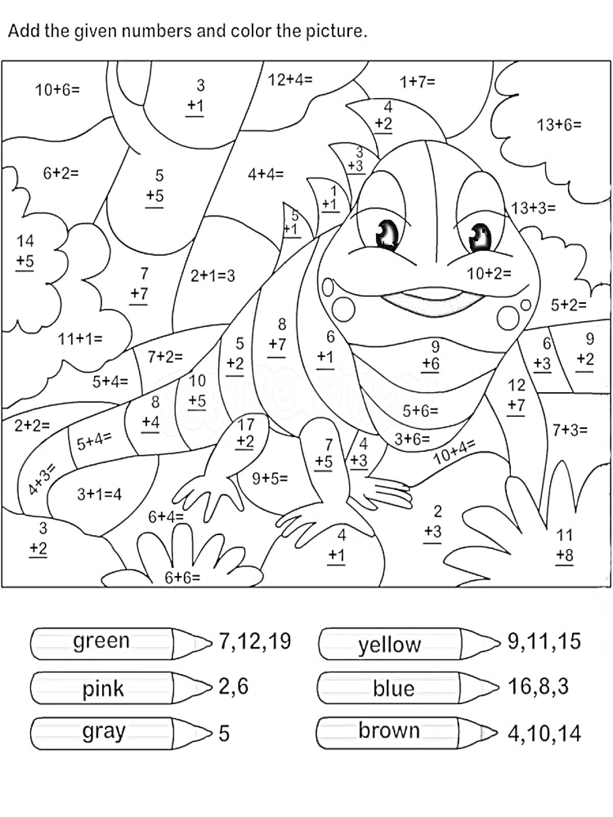 Раскраска Лягушка в джунглях с математическими примерами для раскрашивания