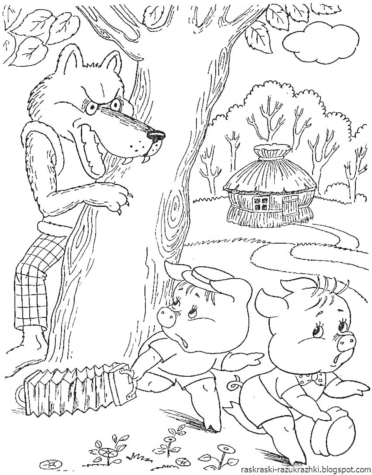 На раскраске изображено: Волк, Три поросенка, Деревья, Дом, Лес, Убегают