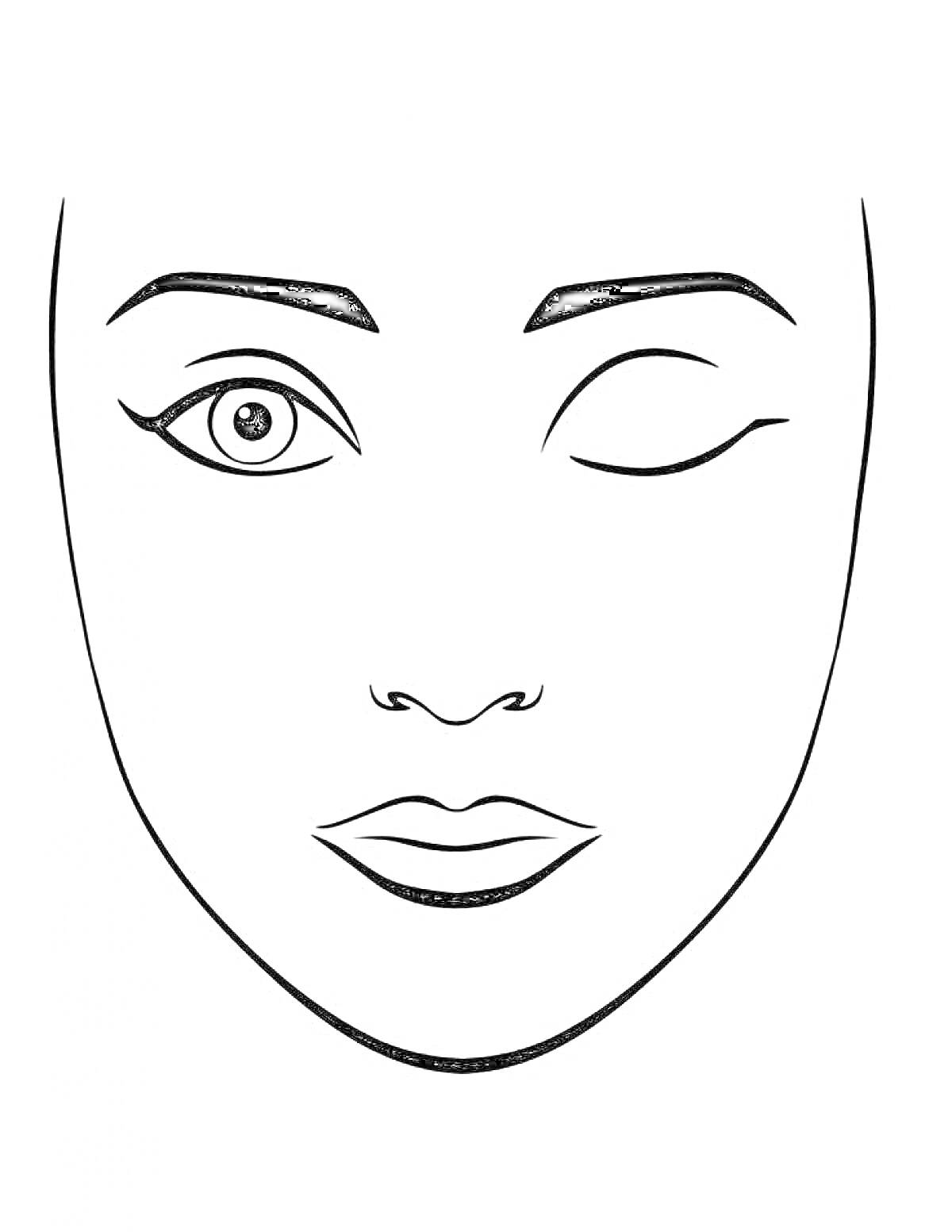 Раскраска Лицо с одним открытым глазом, прищуренным вторым глазом, бровями, носом и губами