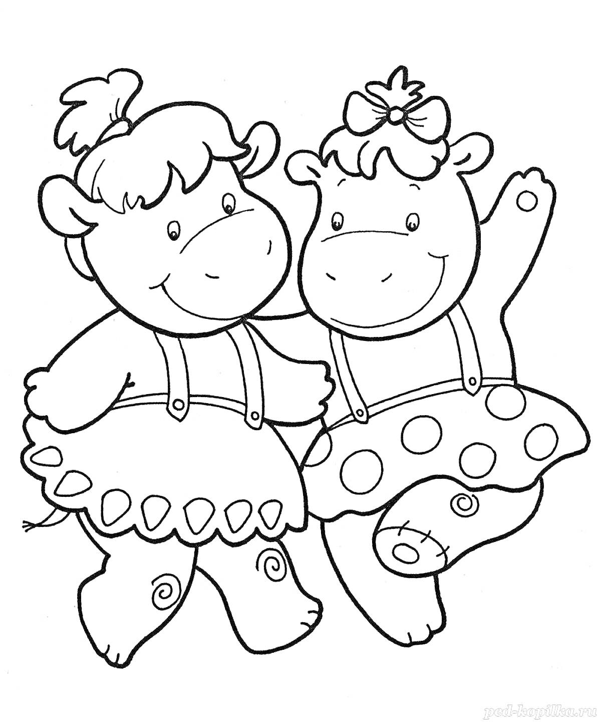 Раскраска Два бегемота в юбках с подтяжками, один с бантом на голове и поднятой рукой.