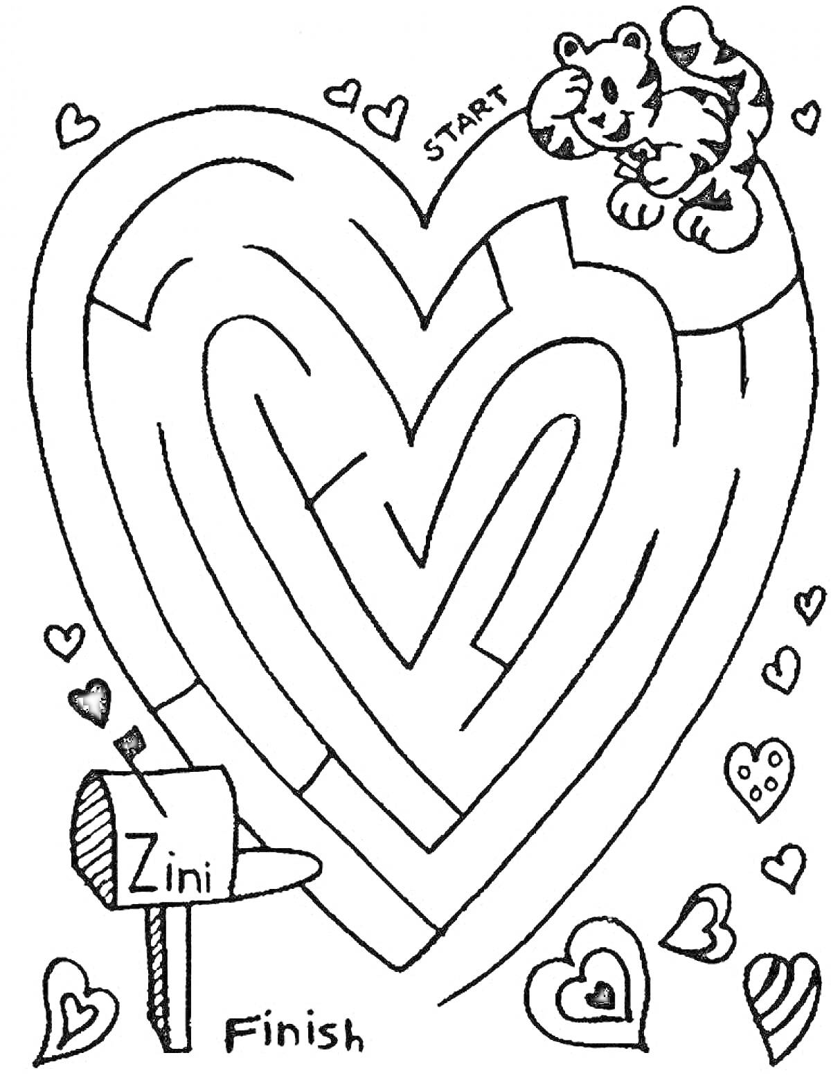 Раскраска Лабиринт в форме сердца с тигренком, почтовым ящиком и сердечками