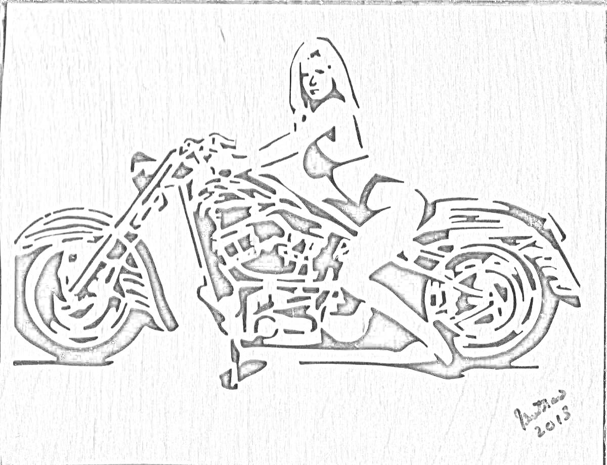 На раскраске изображено: Мотоцикл, Фанера, Резьба по дереву, Искусство, Декор