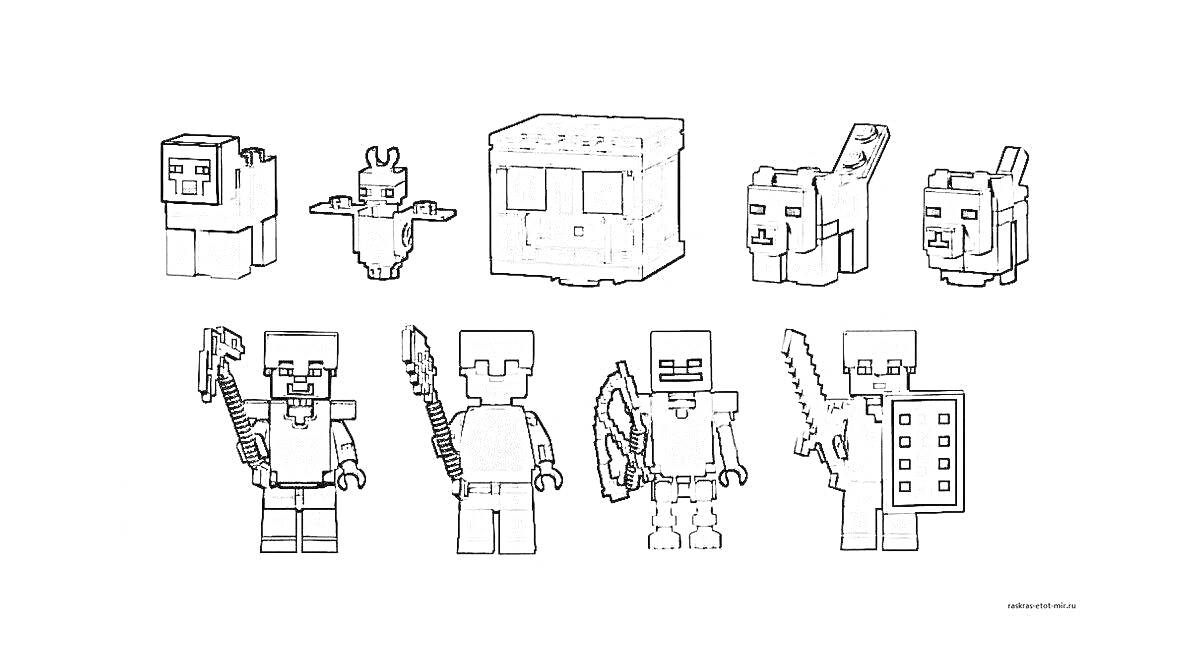 Раскраска Персонажи и животные из Лего Майнкрафт: два кубических персонажа с оружием, кубический человек-снайпер, кубический рыцарь со щитом, свинья, курица, лампа, панда, кошка