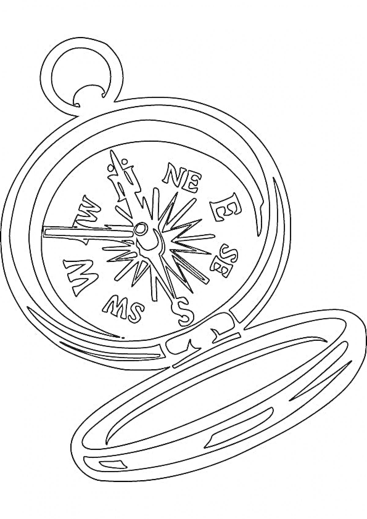 Раскраска Открытый карманный компас с булавой и обозначениями направлений (N, NE, E, SE, S, SW, W, NW)
