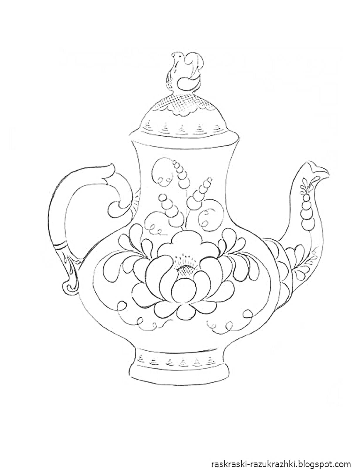Раскраска гжельский чайник с узором и птицей на крышке