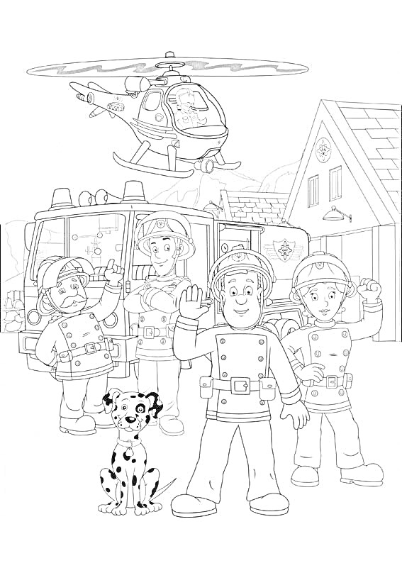 Раскраска Пожарный Сэм и его команда с пожарным вертолетом, пожарной машиной и зданием на заднем плане