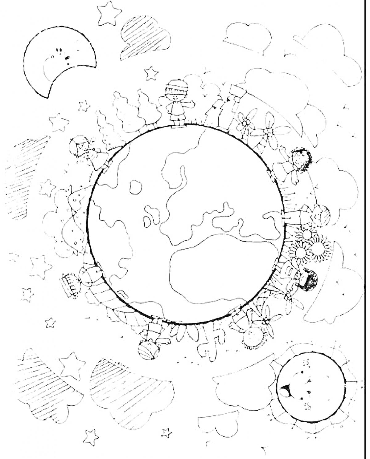 Раскраска Земной шар с детьми и природой, солнце, луна, облака и звезды