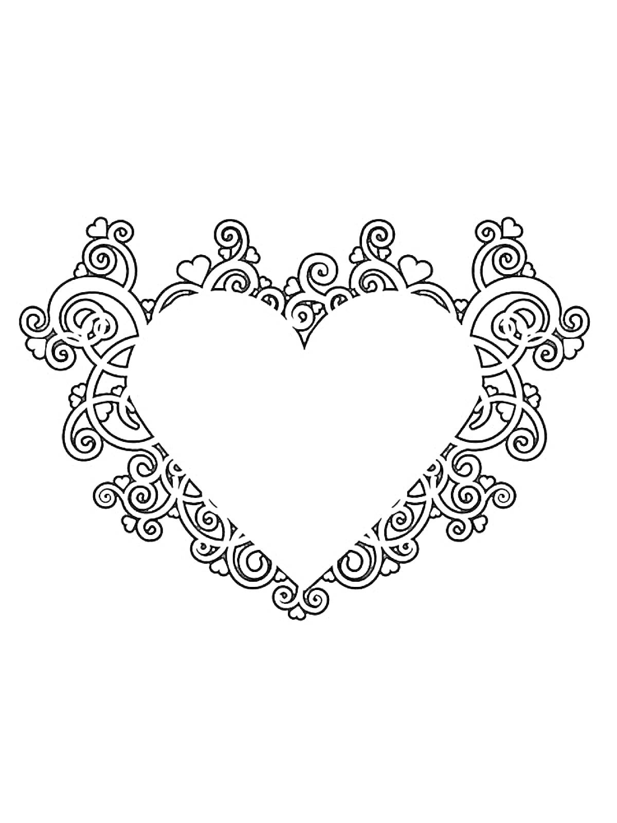 На раскраске изображено: Сердечко, Завитки, Орнамент, Сердце, Узор, Маленькие сердечки