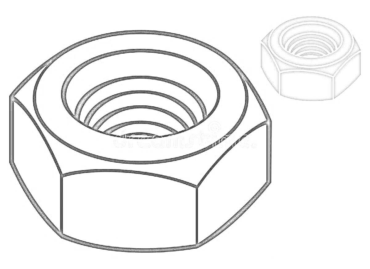 На раскраске изображено: Гайка, Механика, Металлические детали, Крепежные элементы, Инструмент