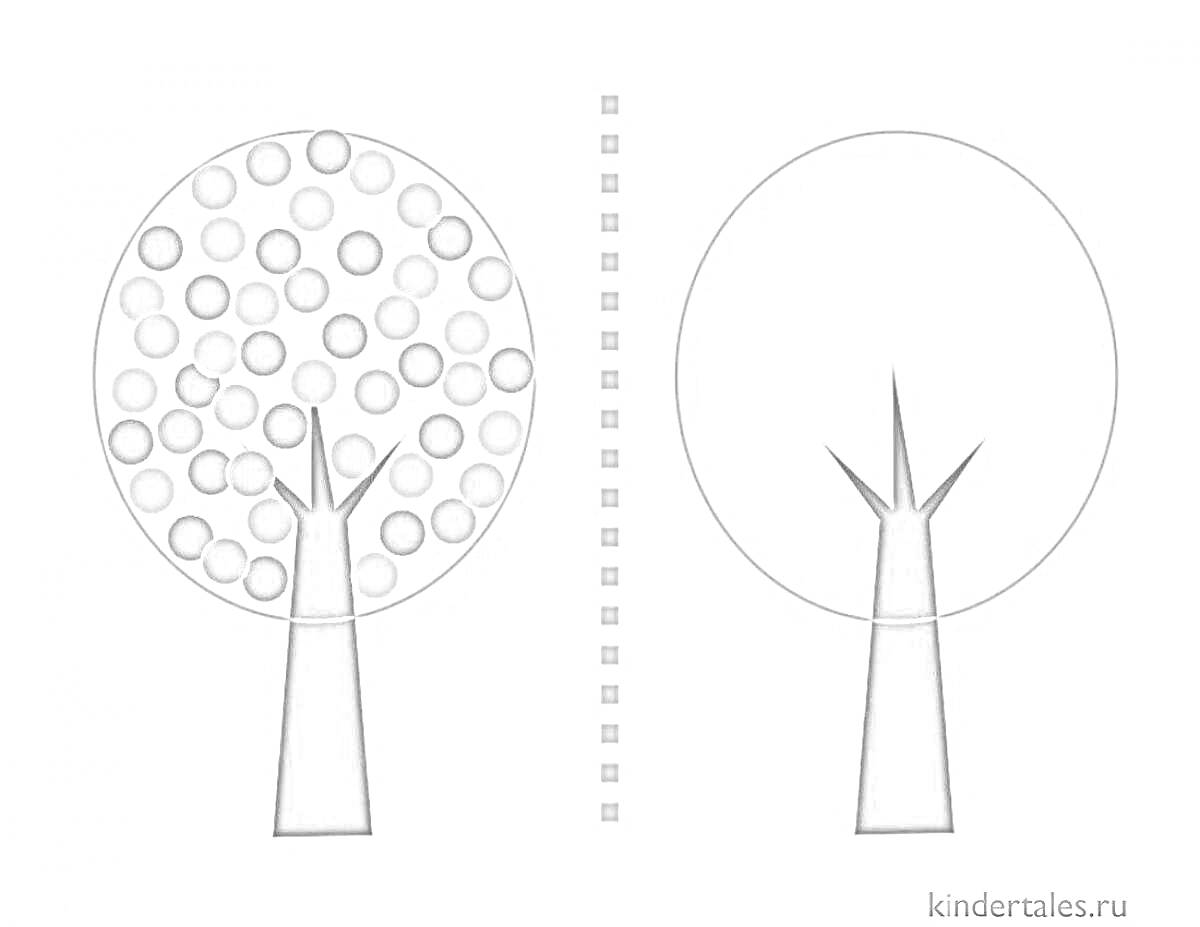 Раскраска Дерево, украшенное кружочками, и пустое дерево для раскрашивания пальчиками