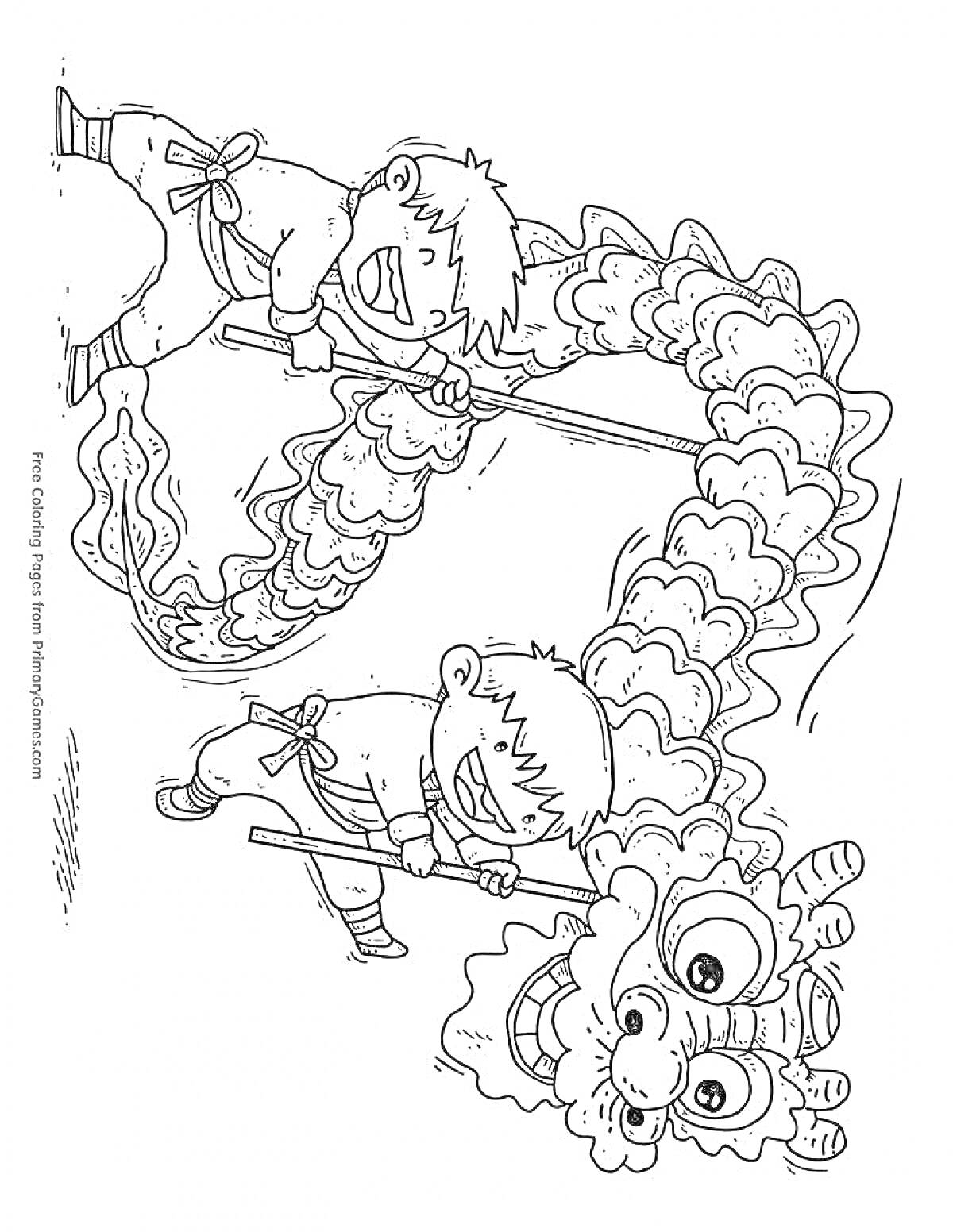 Раскраска Дети с китайским драконом на китайский новый год