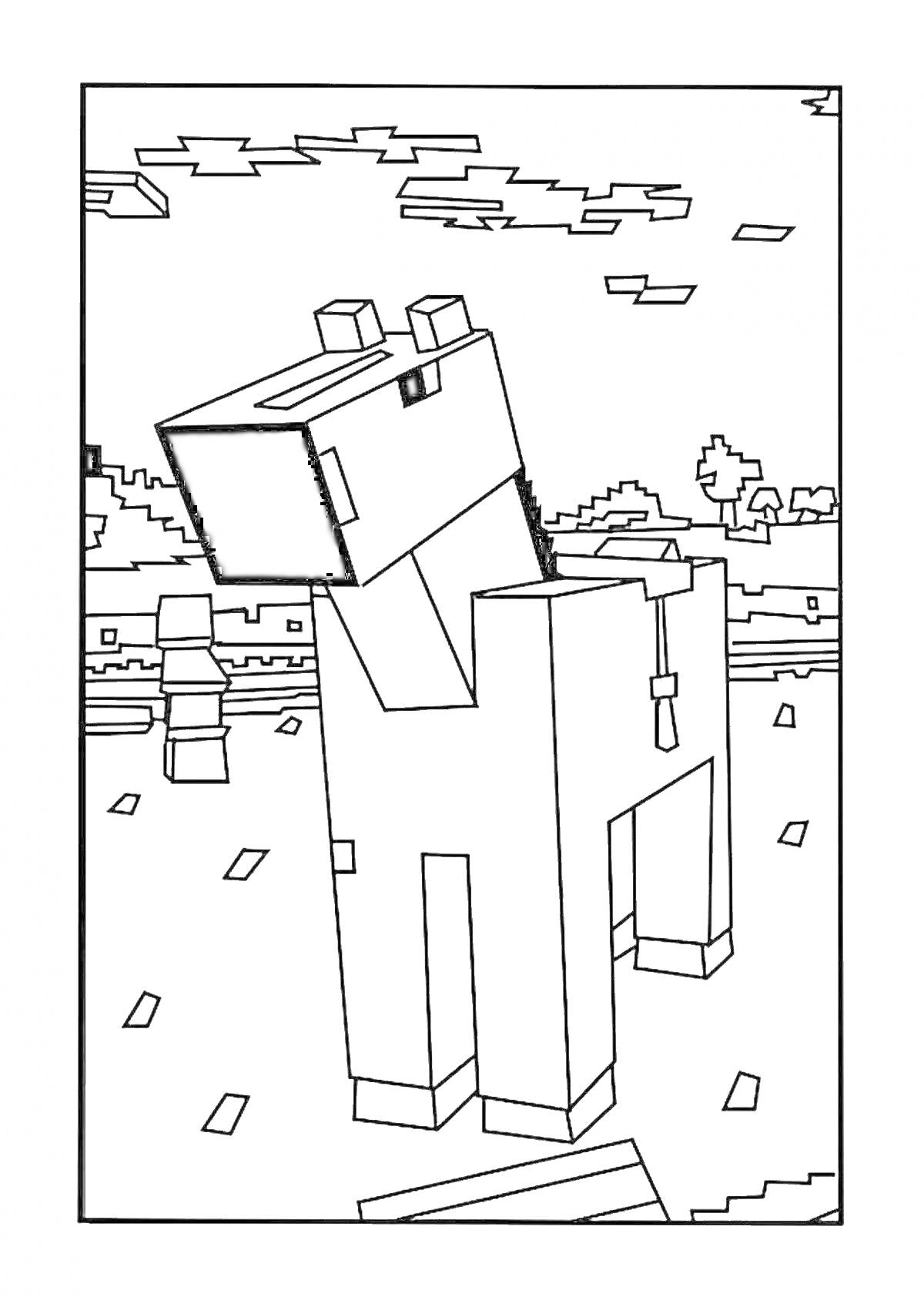 Раскраска Лошадь в стиле Майнкрафт на фоне деревьев и облаков