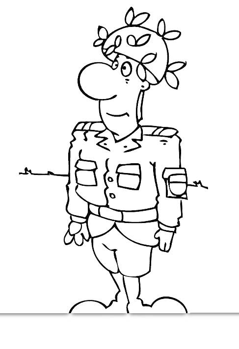 Солдат в маскировочной каске с листьями и в форме с погонами, на фоне колючей проволоки