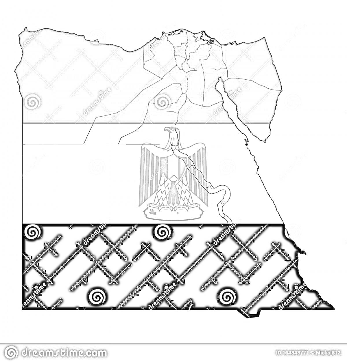 Раскраска Контур карты Египта с изображением флага Египта и гербом