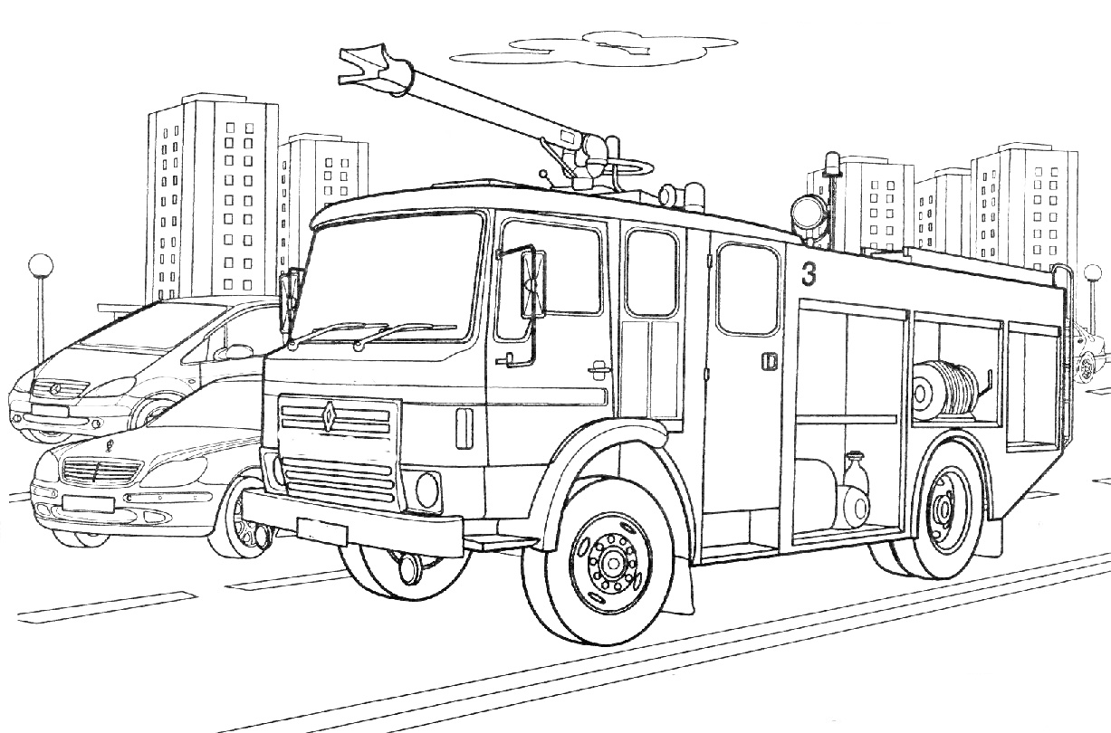 Раскраска Пожарная машина на городской улице с автомобилями и высотными зданиями на заднем плане