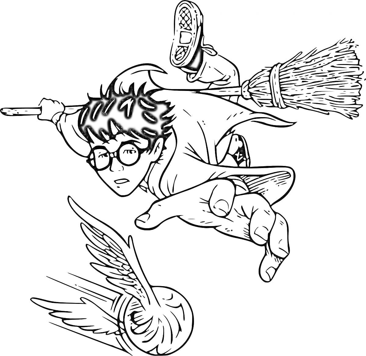 Раскраска Гарри Поттер на метле с Золотым Снитчем