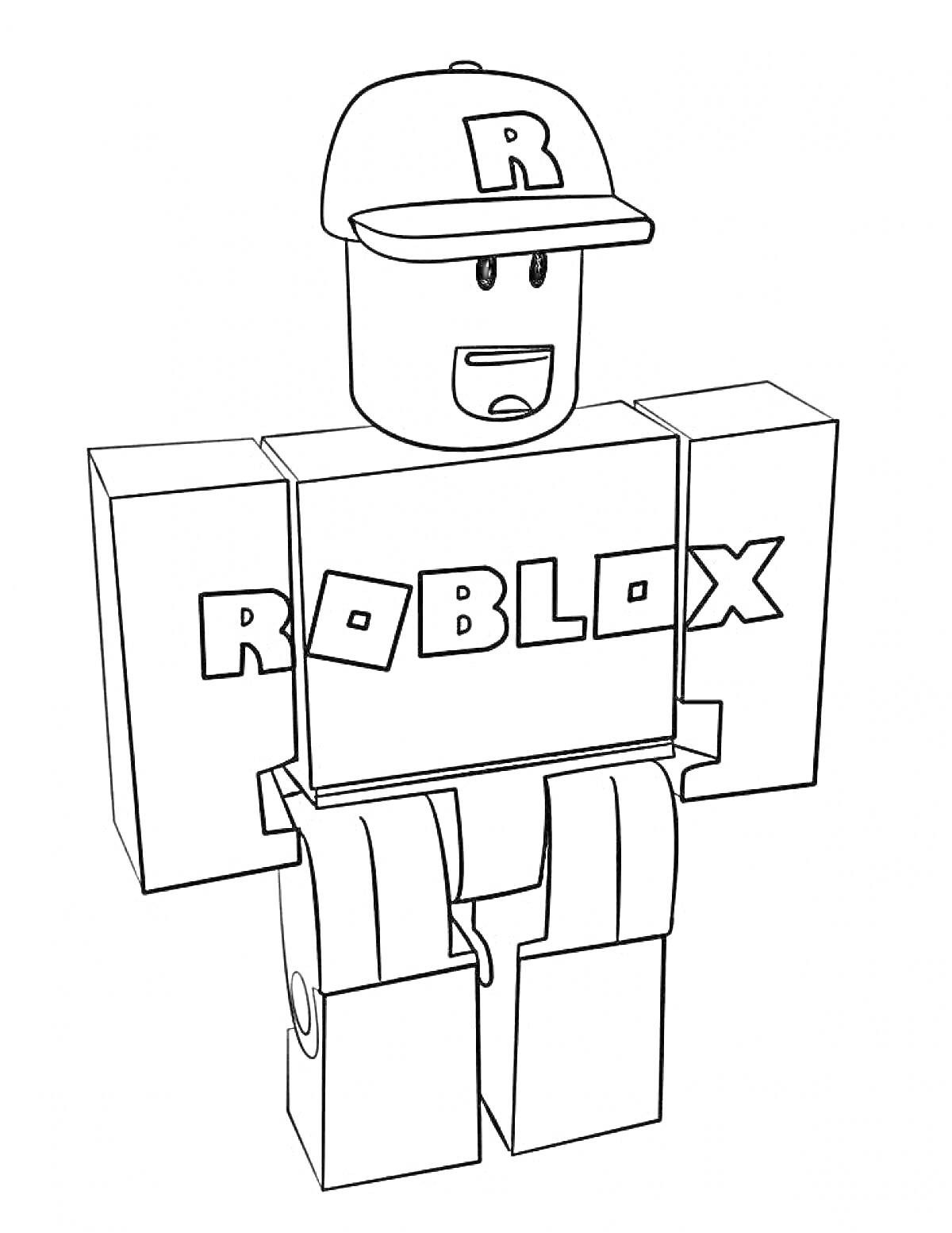 Раскраска Персонаж из Роблокса с кепкой, майкой с логотипом 