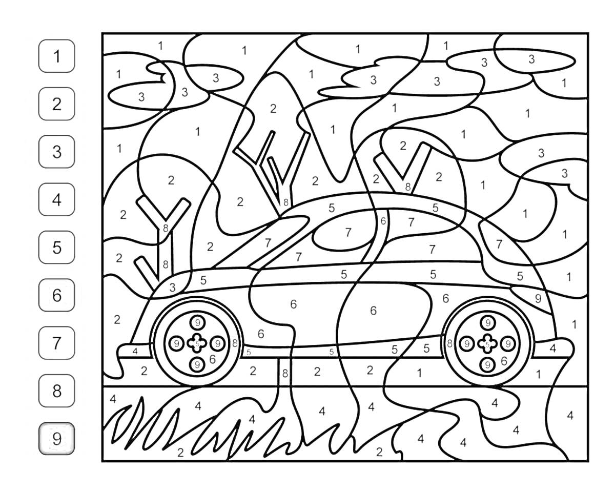 Машина на дороге с деревьями и облаками, раскраска по номерам