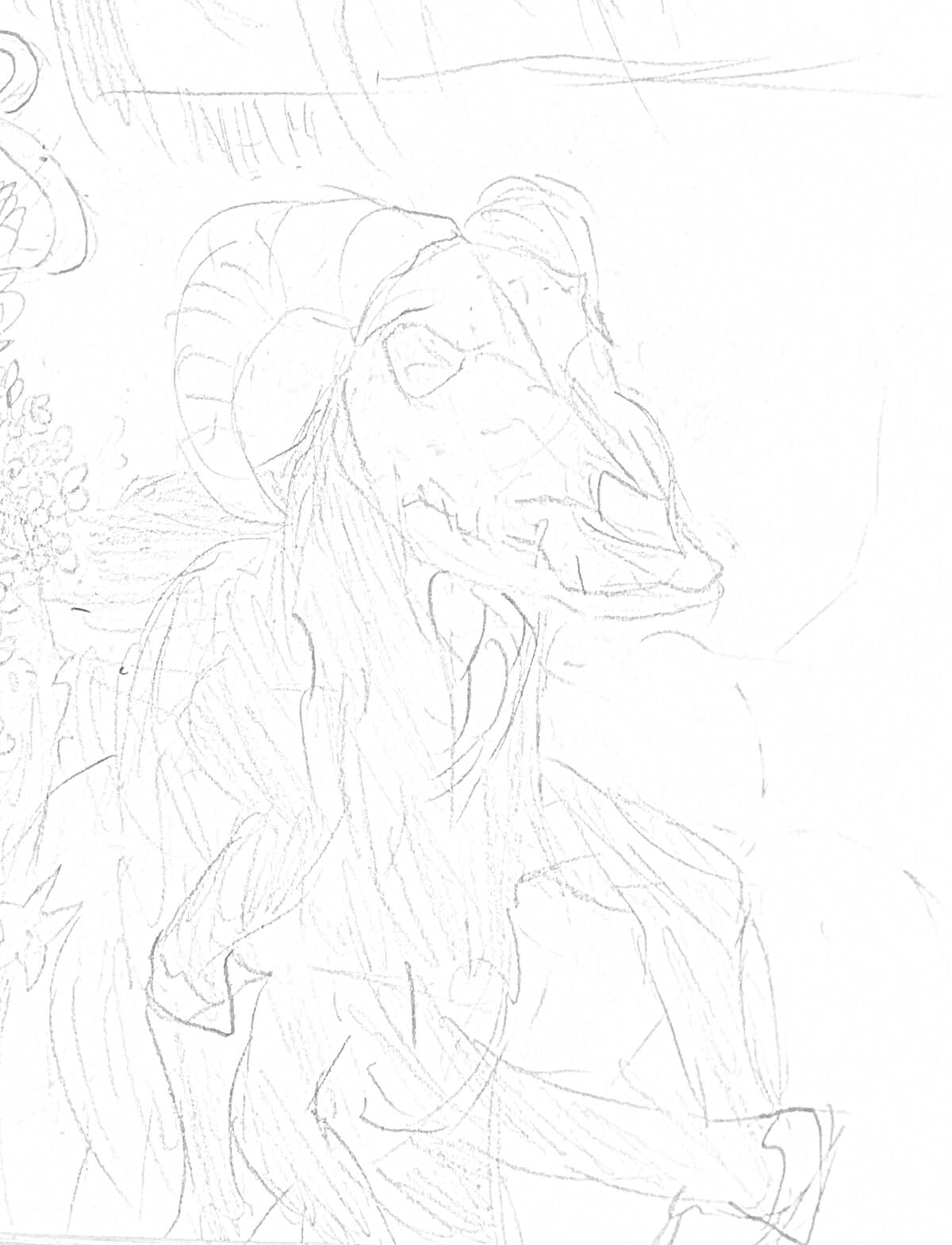 На раскраске изображено: Длинная лошадь, Монстр, Рога, Карандашный набросок, Длинная грива, Улыбка