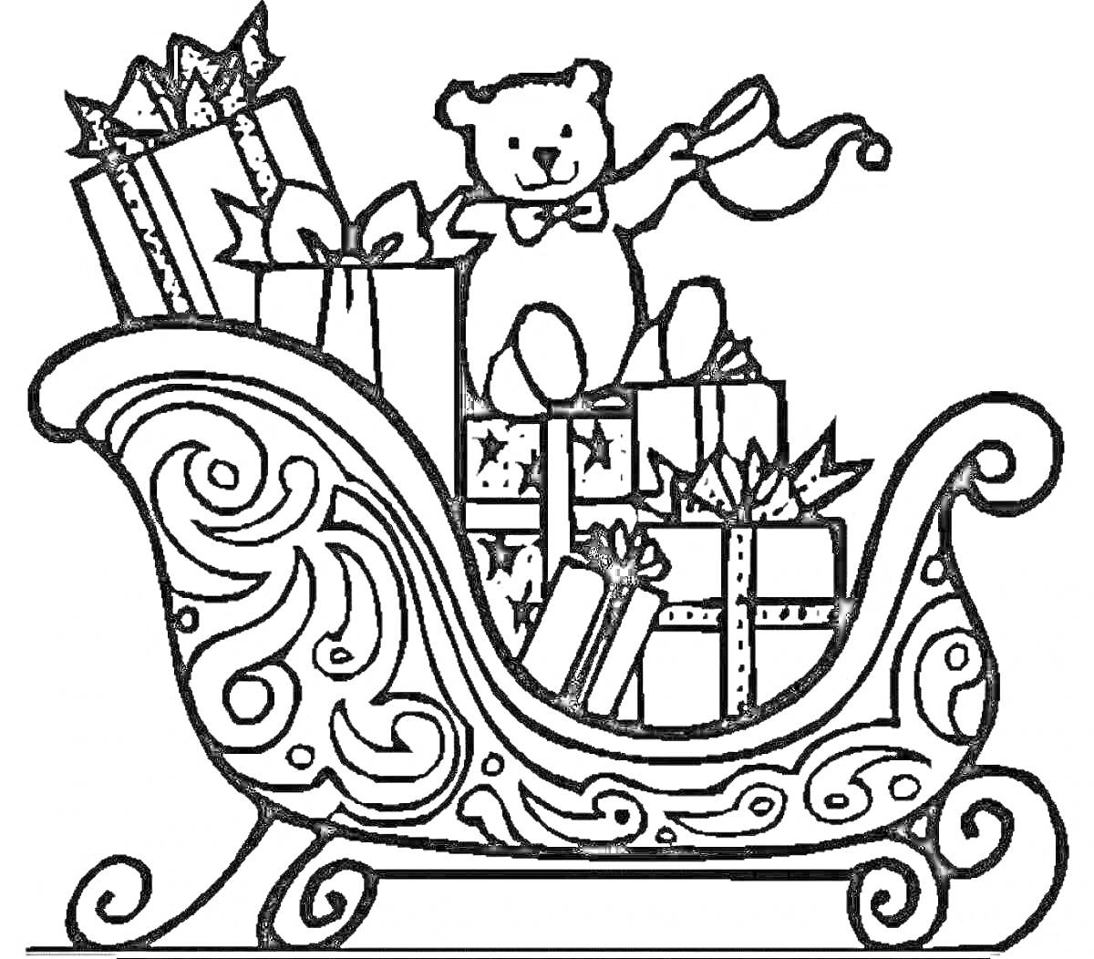 Раскраска Санки с подарками и игрушечным медвежонком