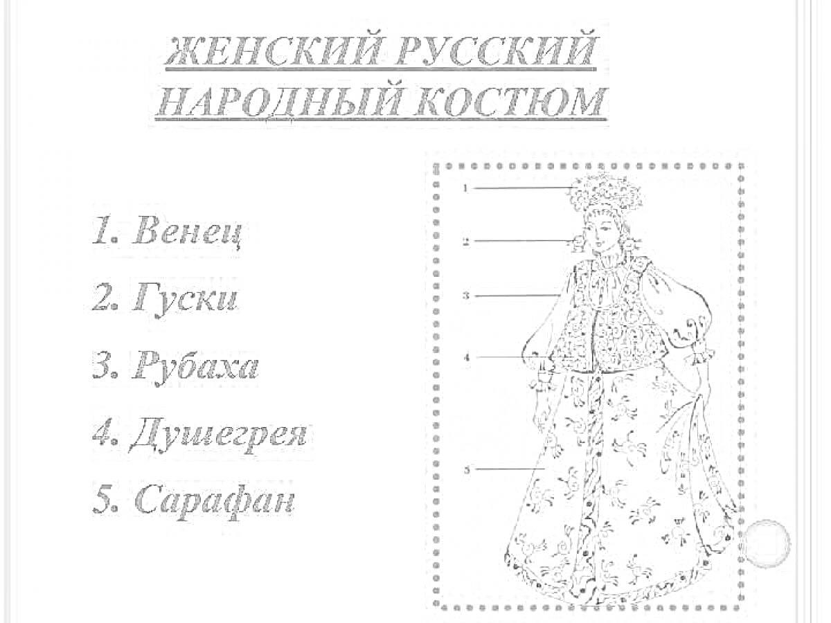 Женский русский народный костюм: венец, гуски, рубаха, душегрея, сарафан