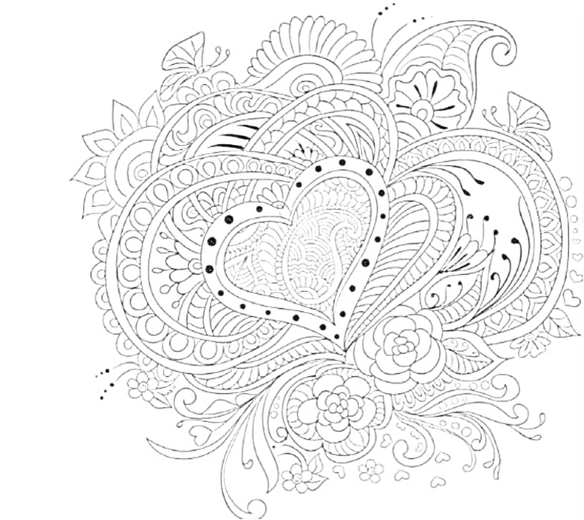 На раскраске изображено: Сердца, Цветы, Лепестки, Листья, Антистресс, Орнамент