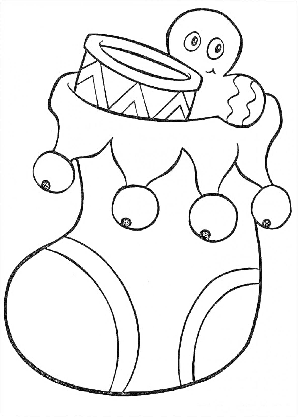 Раскраска Рождественский носок с пряничным человечком и барабаном