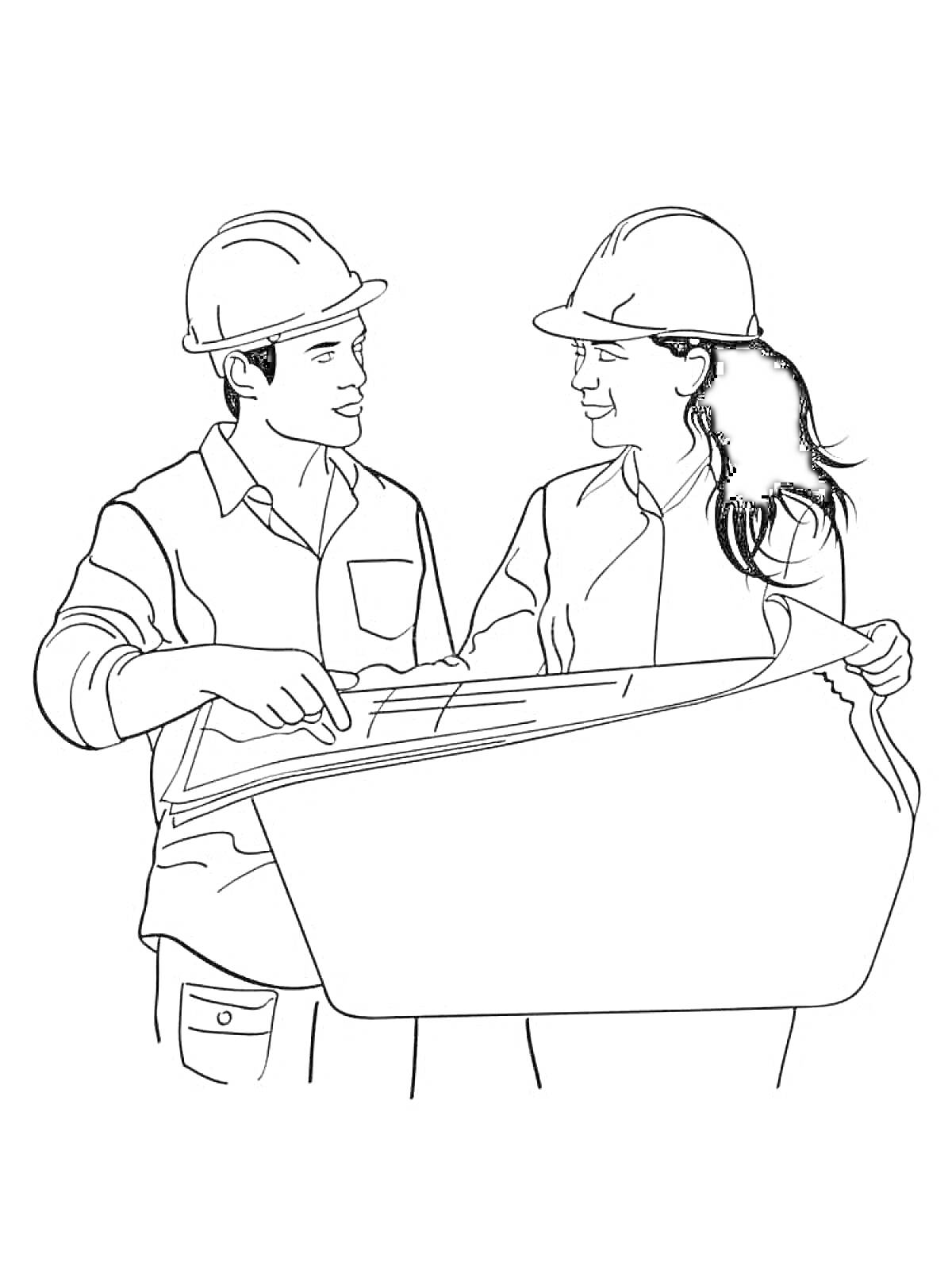 Раскраска Два инженера в касках рассматривают строительные планы