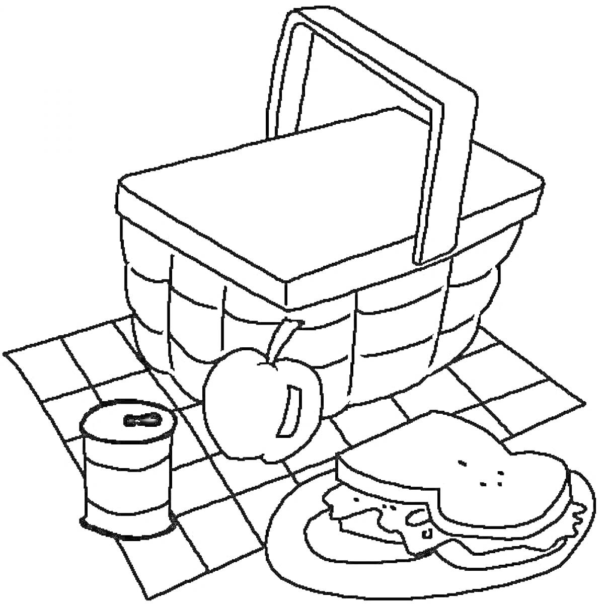 Раскраска Корзина с едой на пикнике (корзина, яблоко, банка с напитком, бутерброд на тарелке, клетчатый плед)