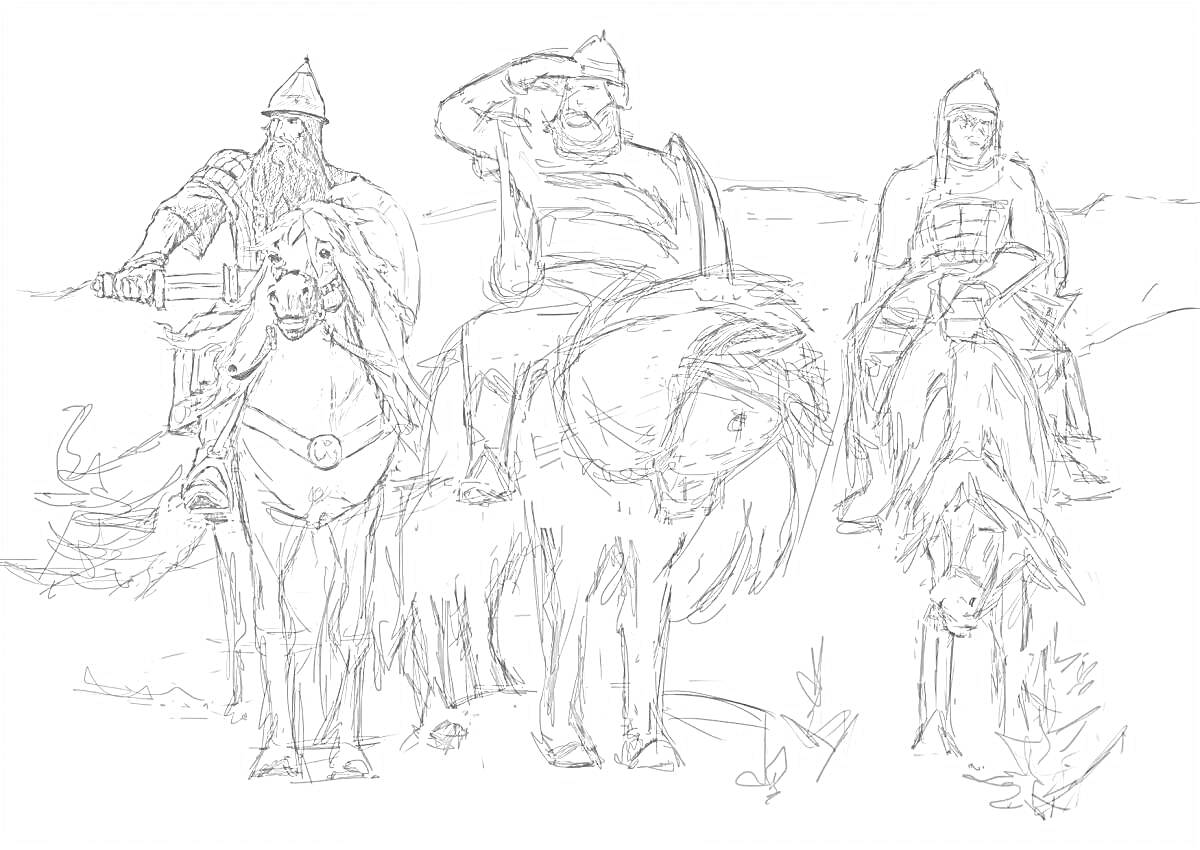 На раскраске изображено: Кони, Поле, Шлемы, Доспехи