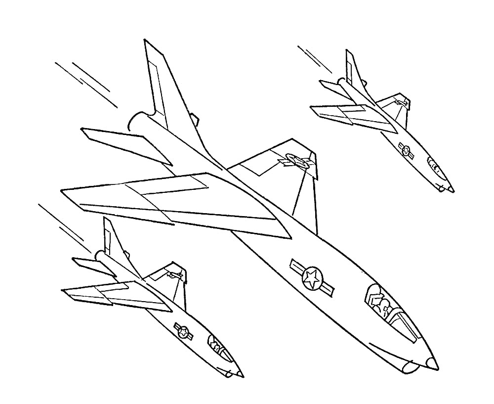 Раскраска Три военных самолета в полете