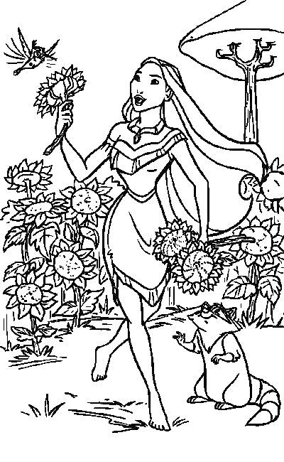 Раскраска Покахонтас собирает цветы с енотом и птицей среди подсолнухов
