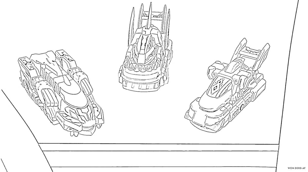 Раскраска Три робота-машины Skreekers на полке